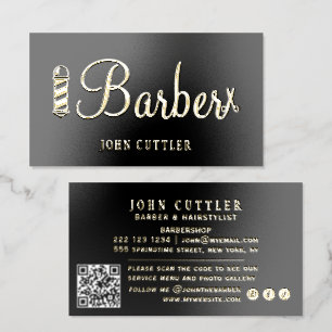 QR CODE luxury barbershop barber pole black gold Foil Business Cards