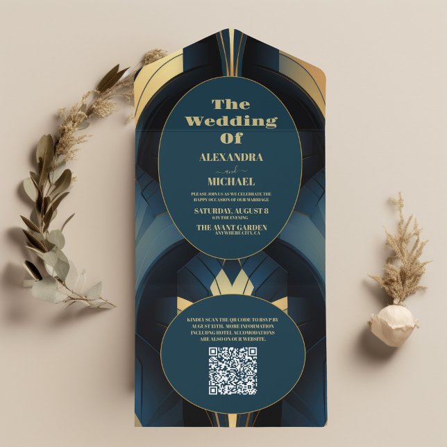 QR Code Luxury Blue and Gold Art Deco Wedding  All In One Invitation (Creator Uploaded)