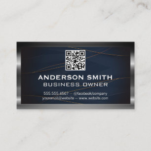 QR Code Luxury Blue Gold Lines Metallic Border Business Card