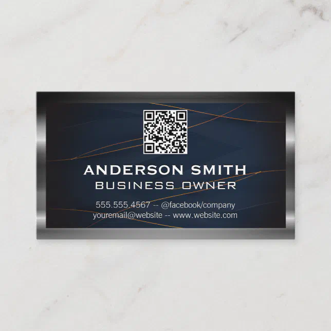 QR Code | Luxury Blue Gold Lines | Metallic Border Business Card | Zazzle