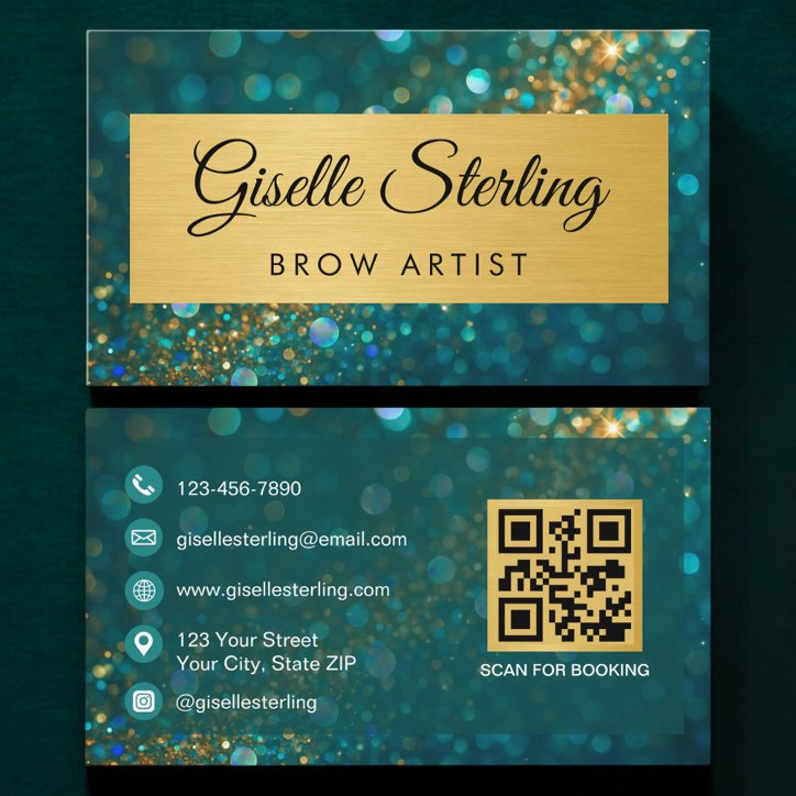 QR Code Luxury Brow Artist Gold Teal Glitter Business Card