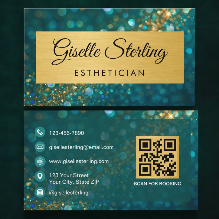 QR Code Luxury Esthetician Gold Teal Glitter Business Card