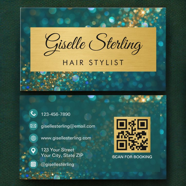 QR Code Luxury Hair Stylist Gold Teal Glitter Business Card