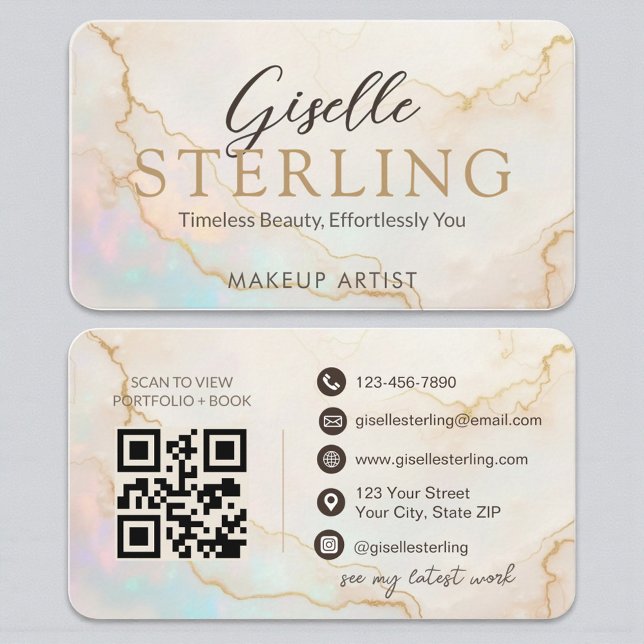 QR Code Luxury Opal Stone Elegant Script Business Card (Creator Uploaded)