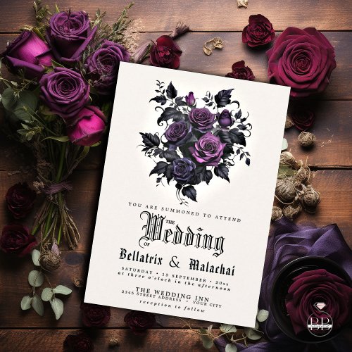 QR Code Macabre Deep Amethyst Purple Roses Invitation