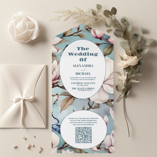 QR Code Magnolia Blush Pink Floral Wedding All In One Invitation (Creator Uploaded)
