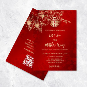 QR Code   Magnolia Gold Red Chinese Wedding Invitation