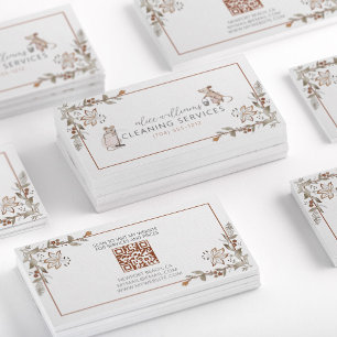 QR Code Maid Housekeeping Professional Mice Floral Business Card