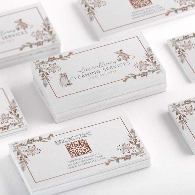 QR Code Maid Housekeeping Professional Mice Floral Business Card (Creator Uploaded)
