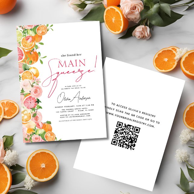 QR Code Main Squeeze Citrus Bridal Shower Orange Invitation (Creator Uploaded)
