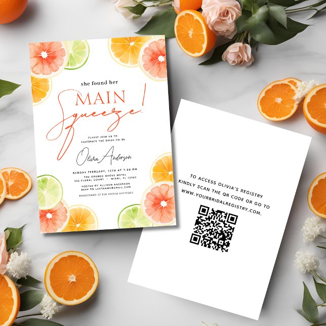 QR Code Main Squeeze Citrus Bridal Shower Orange Invitation (Creator Uploaded)
