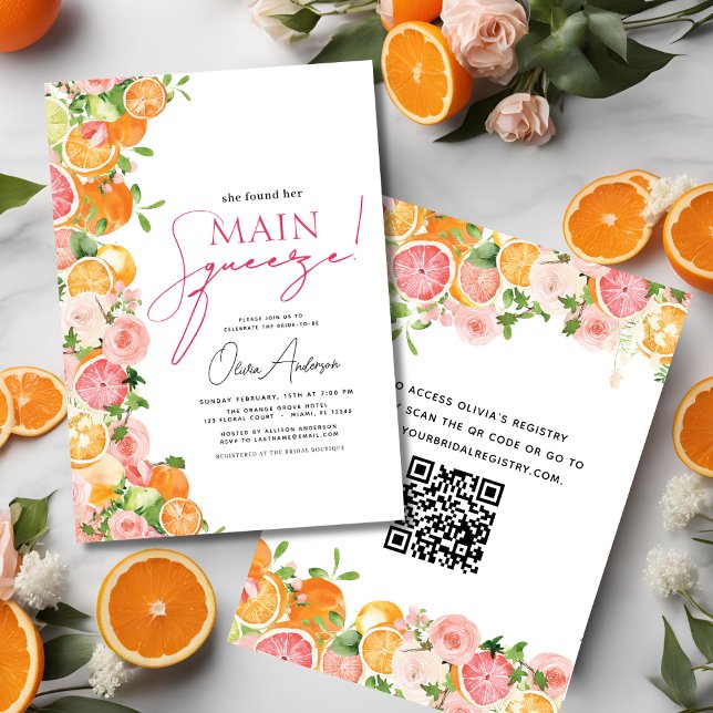 QR Code Main Squeeze Citrus Bridal Shower Orange Invitation (Creator Uploaded)