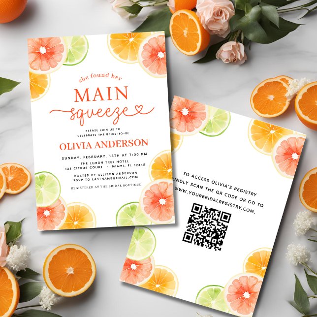 QR Code Main Squeeze Citrus Bridal Shower Orange Invitation (Creator Uploaded)