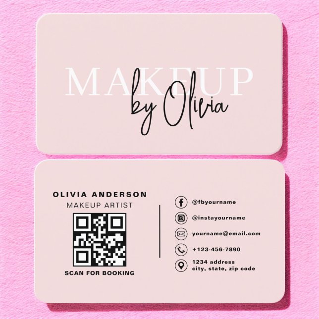 QR Code Makeup Artist Blush Pink Social Media Business Card (Creator Uploaded)