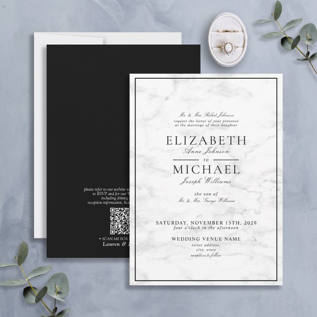 QR Code Marble Black White Classic Script Wedding Invitation (Creator Uploaded)
