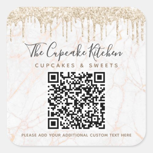 QR Code Marble Gold Glitter Drips Business Name Square Sticker
