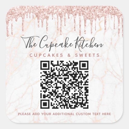 QR Code Marble Pink Glitter Drips Business Name Square Sticker