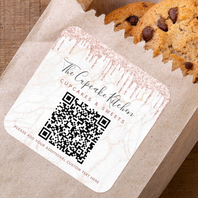 QR Code Marble Pink Glitter Drips Business Name Square Sticker (Creator Uploaded)