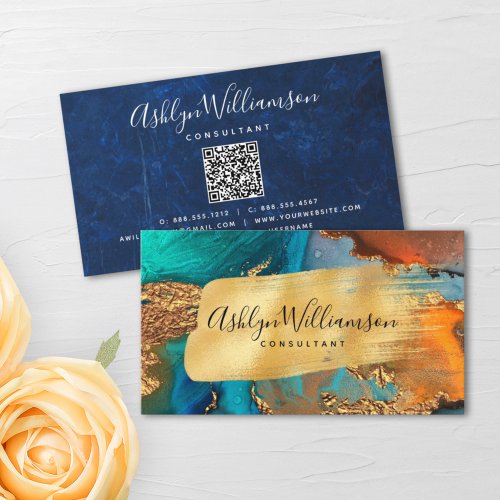 QR Code marble watercolor gold turquoise script Business Card