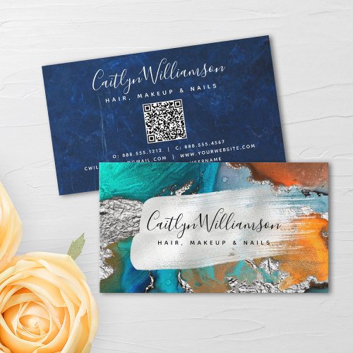 QR Code marble watercolor silver turquoise script Business Card