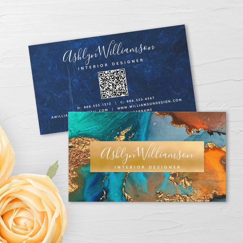 QR Code Marble Watercolor Turquoise Gold Orange Business Card