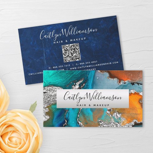 QR Code Marble Watercolor Turquoise Silver Orange Business Card