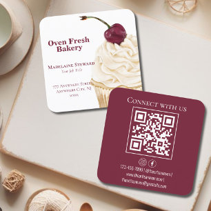 QR Code Maroon White Cupcake Bakery Square  Business Card