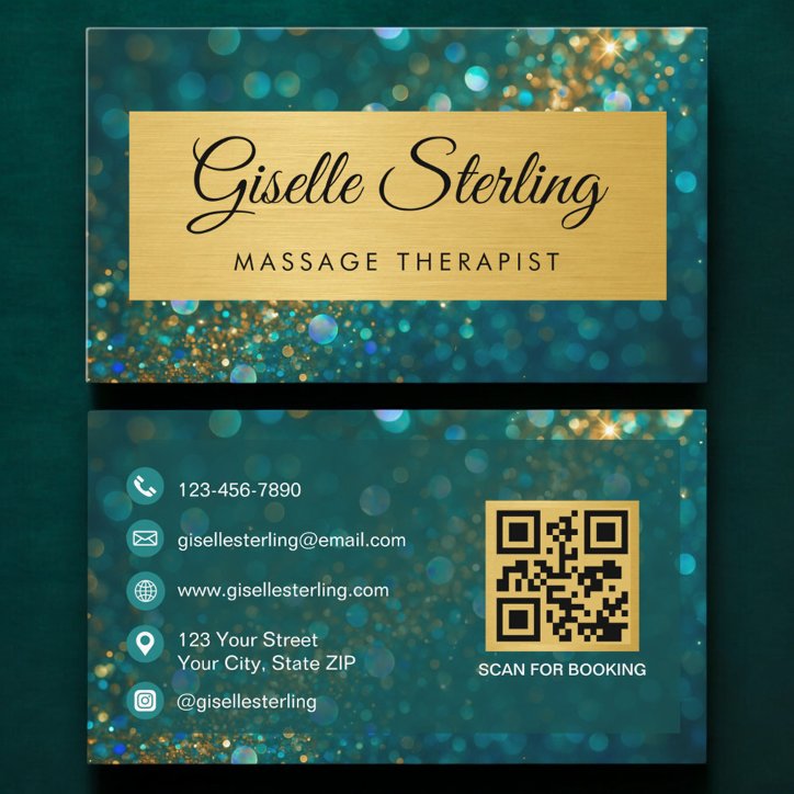 QR Code Massage Therapist Gold Teal Glitter Business Card