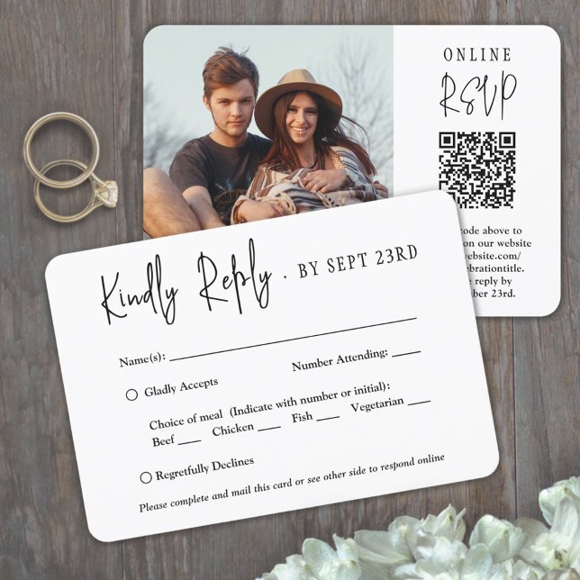 QR Code & Meal Options Modern Script Photo Wedding RSVP Card (Creator Uploaded)