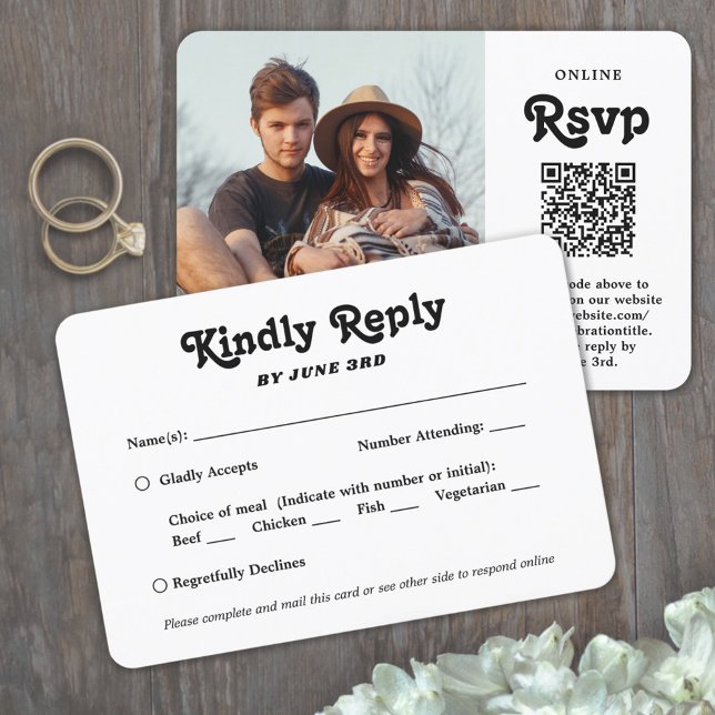 QR Code & Meal Options Retro Script Photo Wedding RSVP Card (Creator Uploaded)