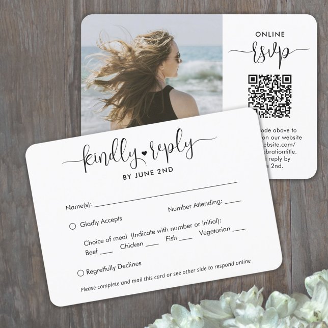 QR Code & Meal Options Trendy Modern Script Photo RSVP Card (Creator Uploaded)
