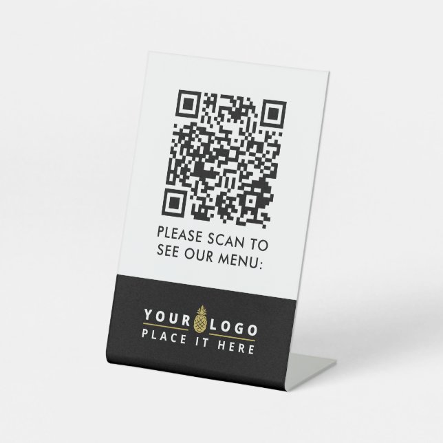 QR Code Menu Black Logo Contactless Modern Cafe Pedestal Sign (Front)
