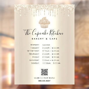 QR Code Menu Hours Cupcake Bakery Gold Glitter Window Cling