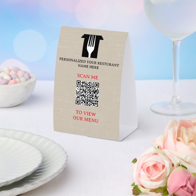 QR Code Menu Light Beige Linen Custom Logo Paper Table Tent (Insitu(Wedding))