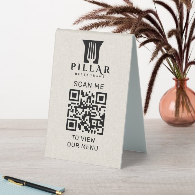 QR Code Menu Light Beige Linen Custom Logo Table Tent (In SItu (Table))