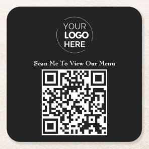 QR Code Menu | Logo Black Contactless Modern Square Paper Coaster