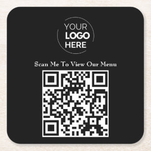 QR Code Menu Logo Black Contactless Modern Square Paper Coaster