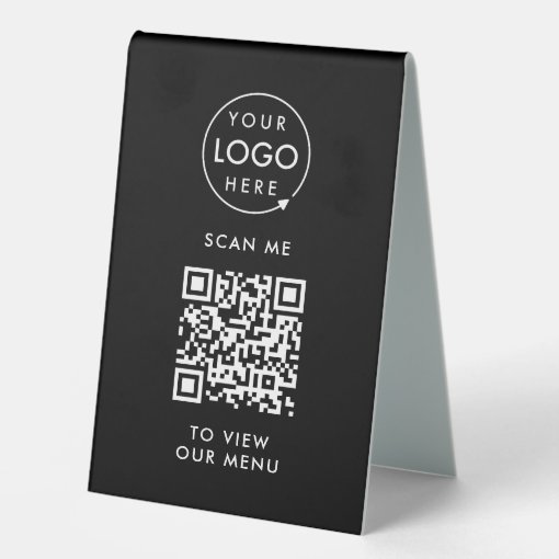 QR Code Menu | Logo Black Contactless Modern Table Tent Sign | Zazzle