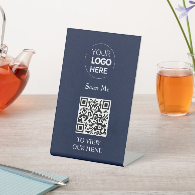 QR Code Menu | Logo Navy Blue Contactless Modern Pedestal Sign (In SItu)