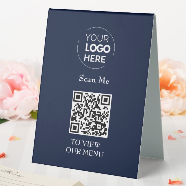 QR Code Menu | Logo Navy Blue Contactless Modern Table Tent (In SItu (Wedding))