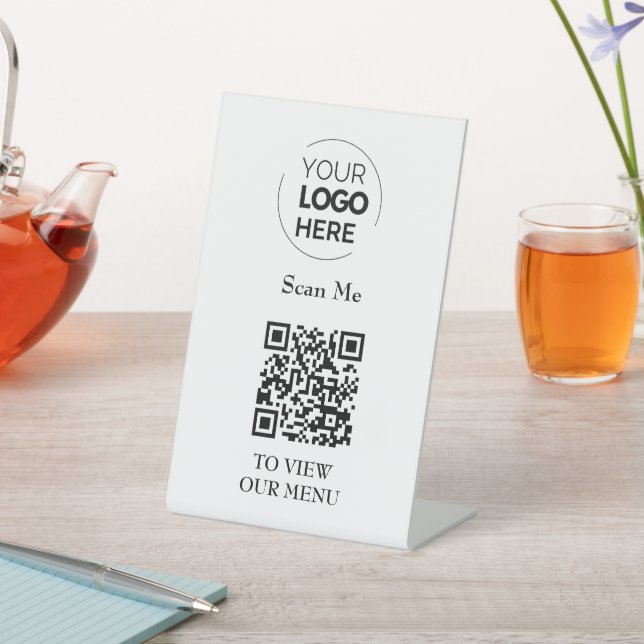 QR Code Menu | Logo White Contactless Modern Pedestal Sign (In SItu)