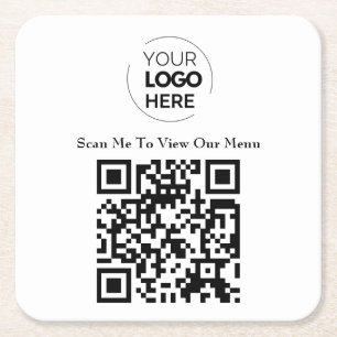 QR Code Menu Logo White Contactless Modern Square Paper Coaster