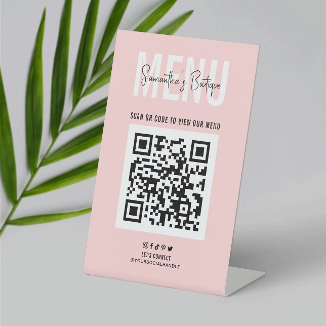 QR Code Menu Pink Business Logo Contactless Pedestal Sign (Make feminine menu signs for your business with this blush pink QR code table top sign design)