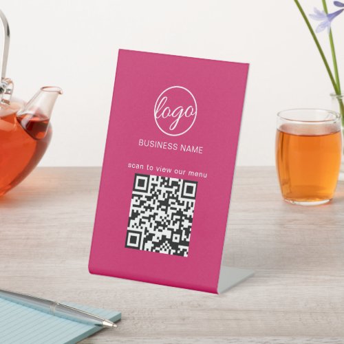 QR Code Menu Restaurant Business Logo Hot Pink Pedestal Sign