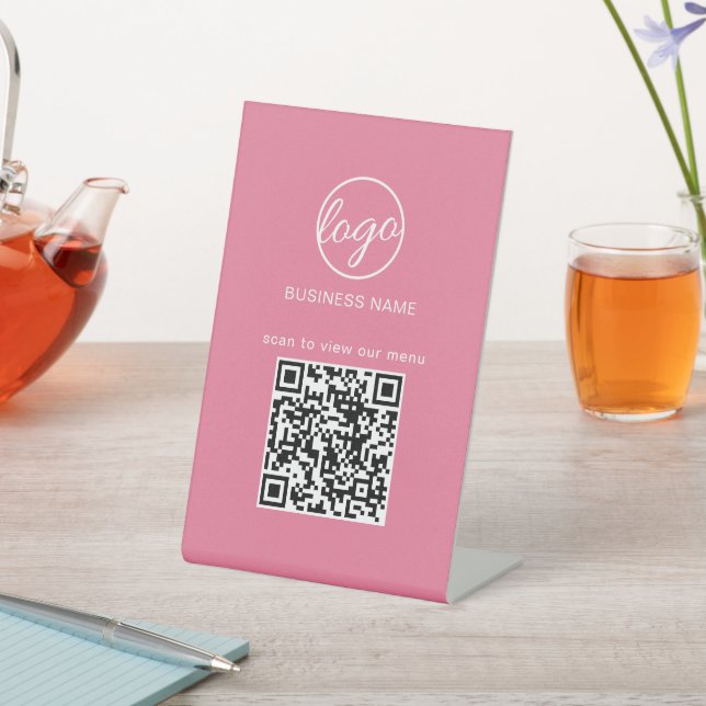 QR Code Menu Restaurant Business Logo Pink Pedestal Sign (In SItu)