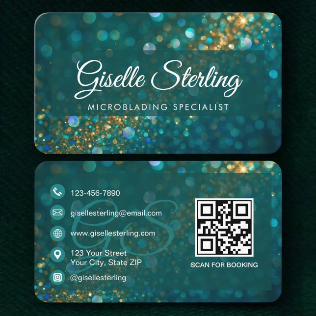 QR Code Microblading Teal Gold Glitter  Business Card (Creator Uploaded)