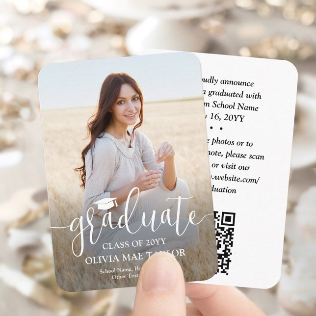 QR Code Mini Graduation Photo Modern White Script Enclosure Card (Creator Uploaded)