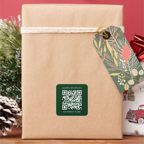 QR Code Minimal Happy Holidays Business Green Square Sticker