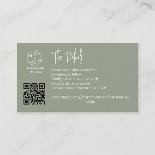 Qr Code Minimal Monogram Wedding Details SageGreen Enclosure Card