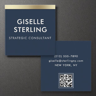 QR Code Minimal Navy Blue Gold Luxury Typography Square Business Card